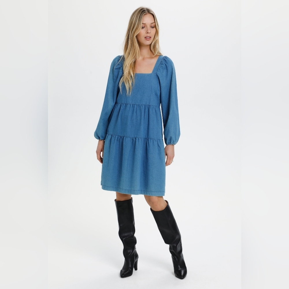 Denim Square-Neck Long-Sleeve Tiered Mini Dress